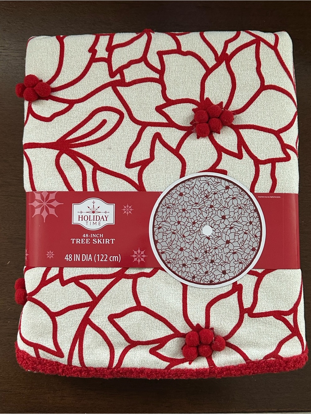 Holiday Time Red & Cream Poinsettia Tree Skirt with Pom-Pom Accents